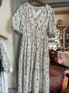 White Floral Puff-Sleeve Midi Dress with Green & Blue Print